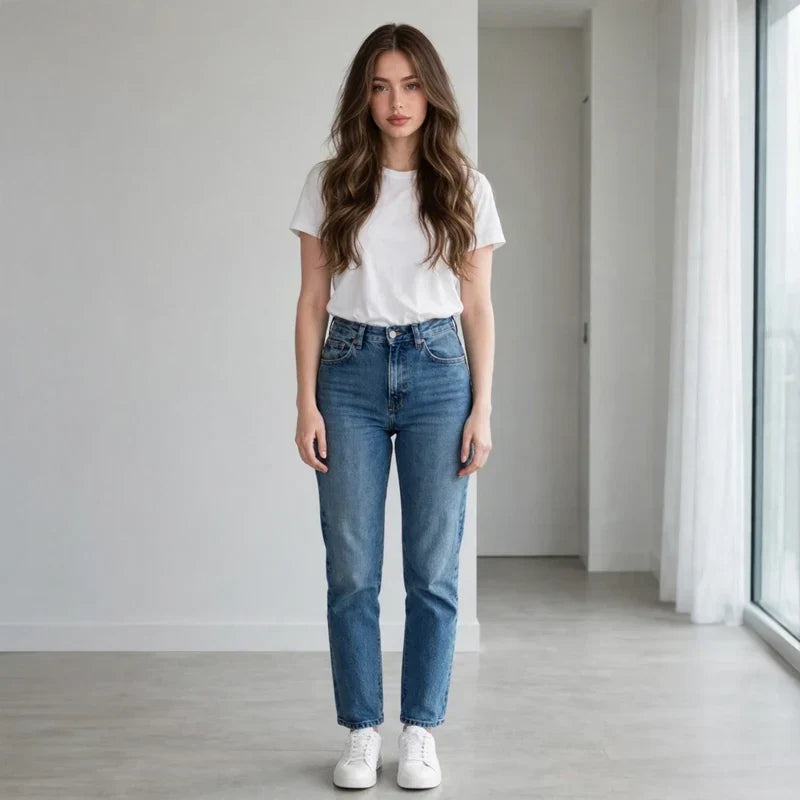 Woman wearing a simple white top tucked into high-waisted jeans
