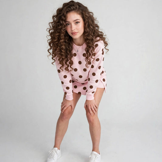 A curly-haired woman leaning forward in a pink polka dot sweatshirt and shorts set with white sneakers.