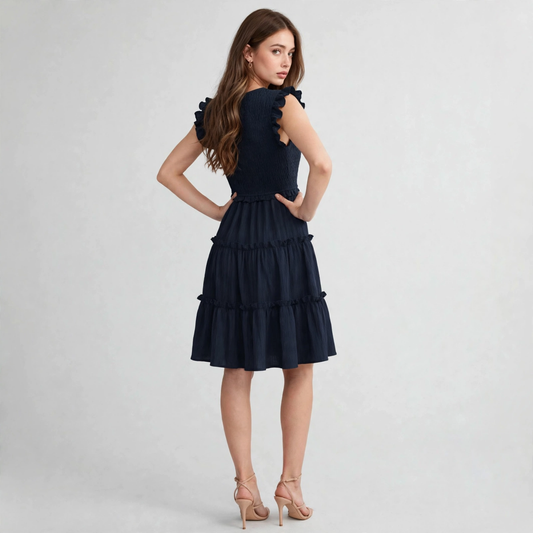 Back view of model in navy ruffled V-neck cap sleeve mini dress with smocked bodice and tiered skirt, studio shot.