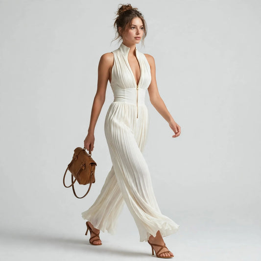Cream pleated front-zip jumpsuit on model, full-length view