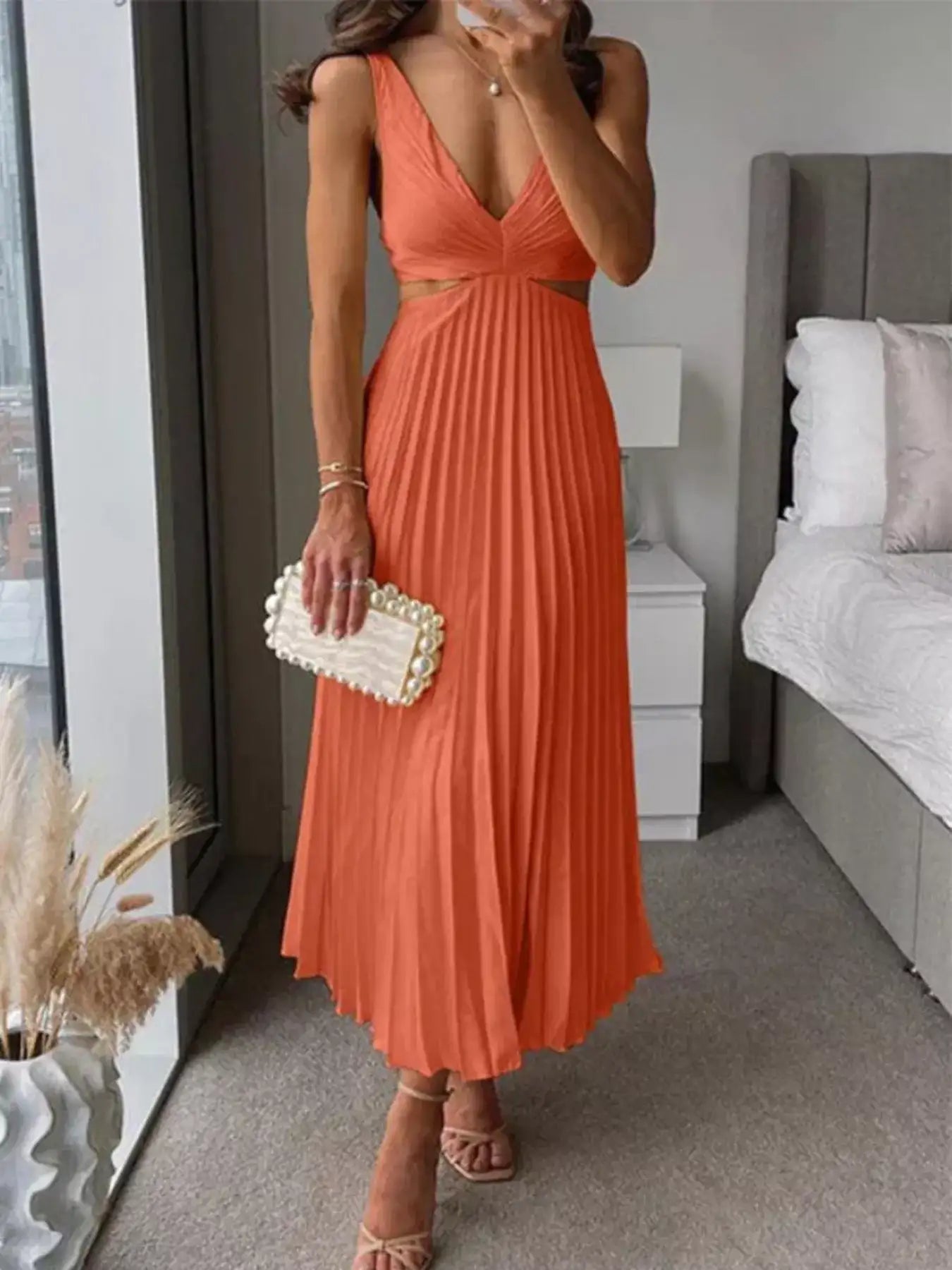 Pleated Midi Dress with Cut-out Details – Lifestyle Shot