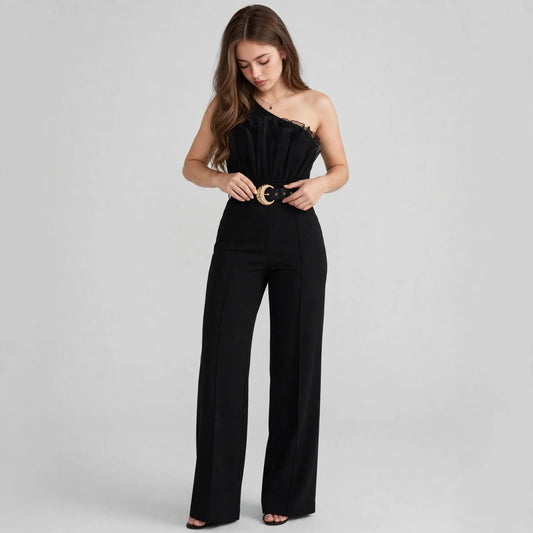 One-shoulder ruffle jumpsuit on model, full-length view