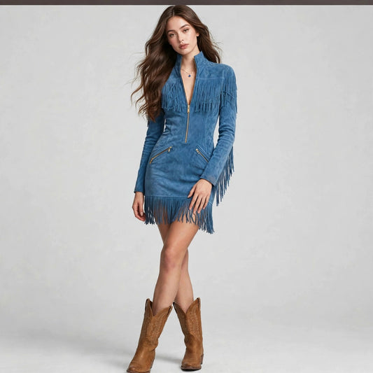 Woman posing in a blue fringe mini dress with front zipper and long sleeves, paired with brown cowboy boots in a studio.