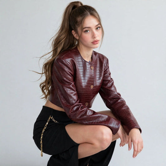 Woman seated in a burgundy croc-embossed cropped leather jacket and black shorts, side view showing texture, gray background.