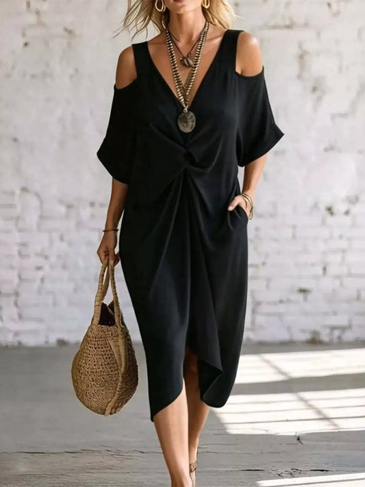 Cold Shoulder Twist Front Midi Dress – Side View