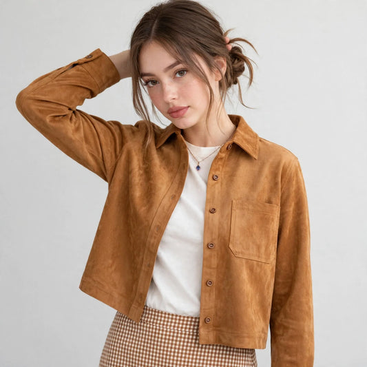 Woman with a hand behind her head in a camel cropped faux suede button-down jacket, white top, and checkered skirt.