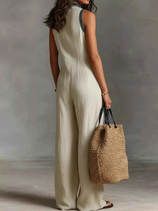 Sleeveless Wide-Leg Embroidered Jumpsuit