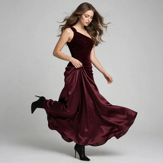 Woman walking with leg lifted in a burgundy one-shoulder maxi dress with ruched bodice, wearing black heels, gray studio.