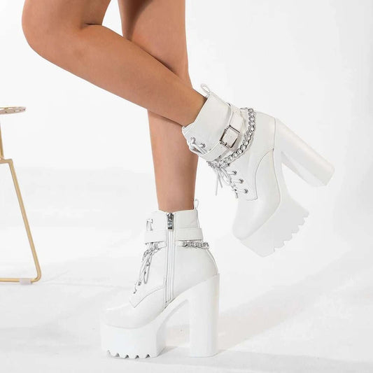 Chain Decor Block Heel Lace-Up Platform Ankle Boots - Celina Studio