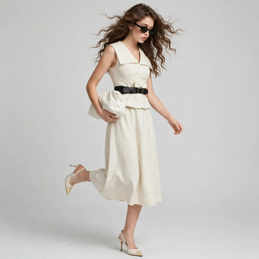 Model in a cream sleeveless top and midi skirt with a black belt, sunglasses, and heels, mid-pose, gray background.