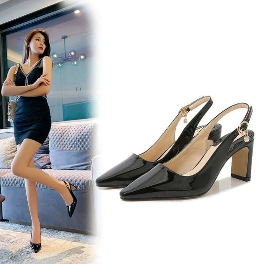 Patent Leather Buckle Strap Mid-Heel Pumps - Celina Studio