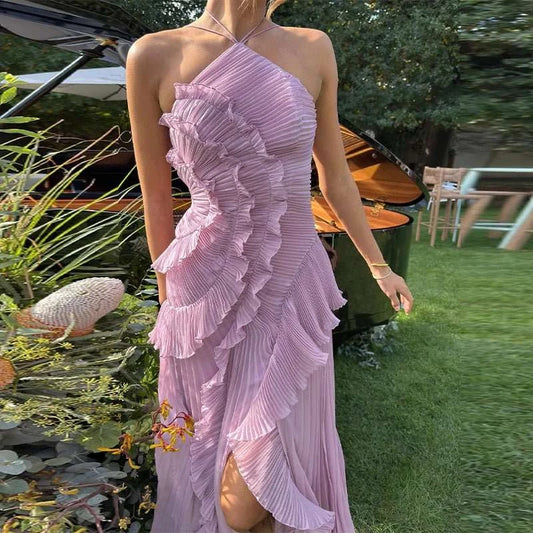 Pleated Halter Neck Lotus Edge Maxi Dress - Celina Studio