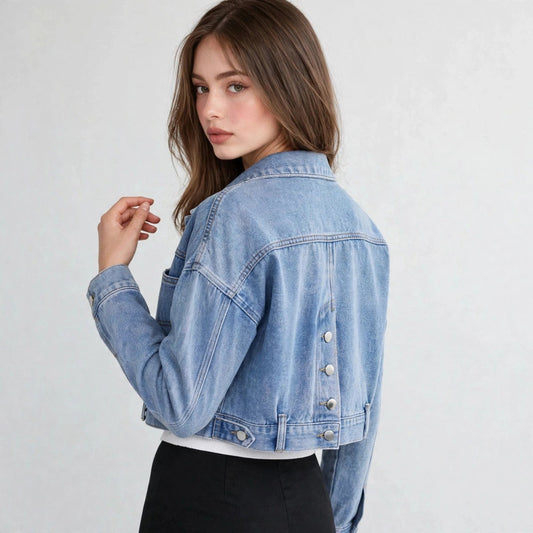 Back view of model wearing a light-wash cropped denim jacket with dropped shoulders and button back detail, white background
