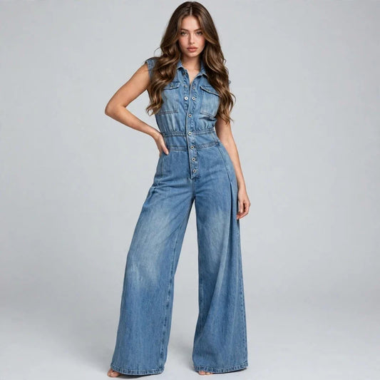 Denim button-front jumpsuit on model, styled studio pose