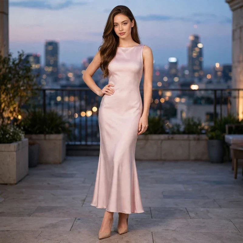 Blush satin maxi dress styled from day to night on a rooftop at dusk