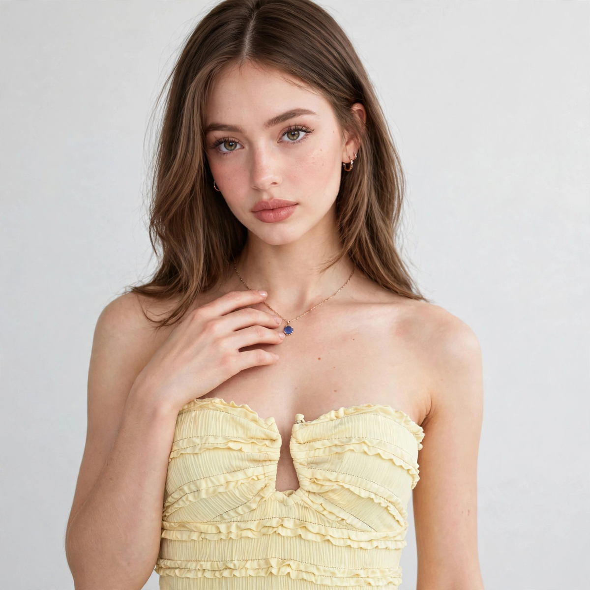 Close-up of a woman wearing a pale yellow strapless textured top with keyhole cutout at the bust and ruffled neckline.