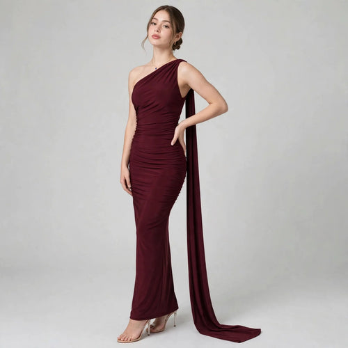 Backless One-Shoulder Ruched Maxi Dress