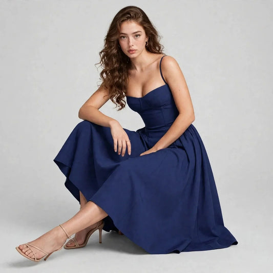Model crouching in a navy sweetheart neck ruched midi dress with spaghetti straps, wearing nude heels, grey studio background