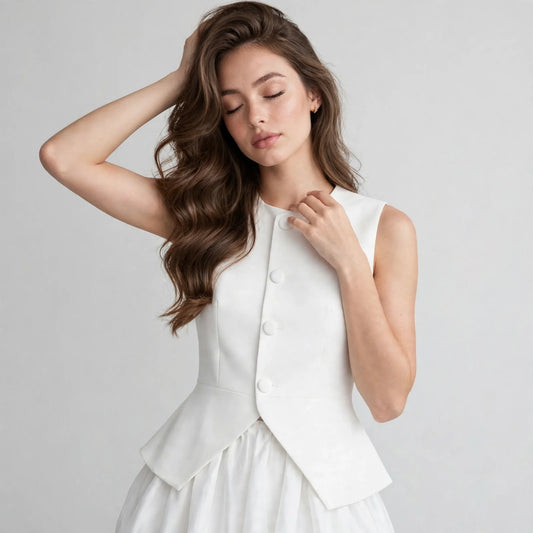Close-up of a woman wearing a white sleeveless vest with three front buttons and peplum waist, gray studio background.