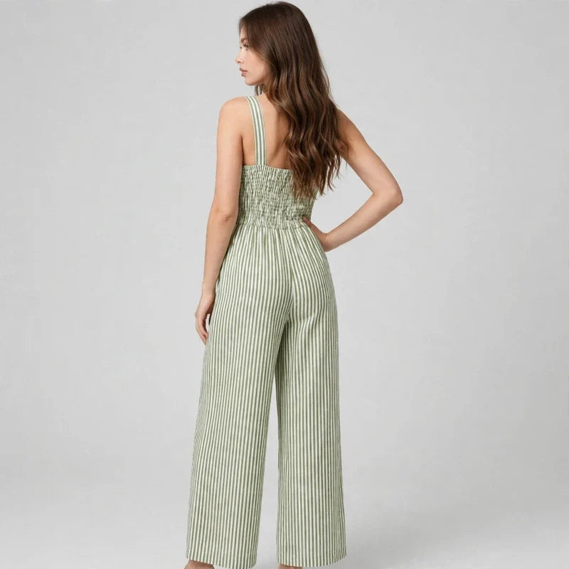Light Green Striped cutout jumpsuit on model, three-quarter view