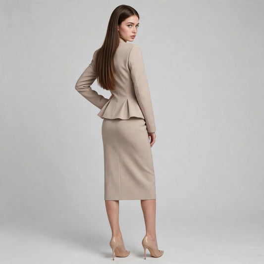 Back view of a woman wearing a beige peplum blazer and matching knee-length skirt with nude heels, gray studio background.