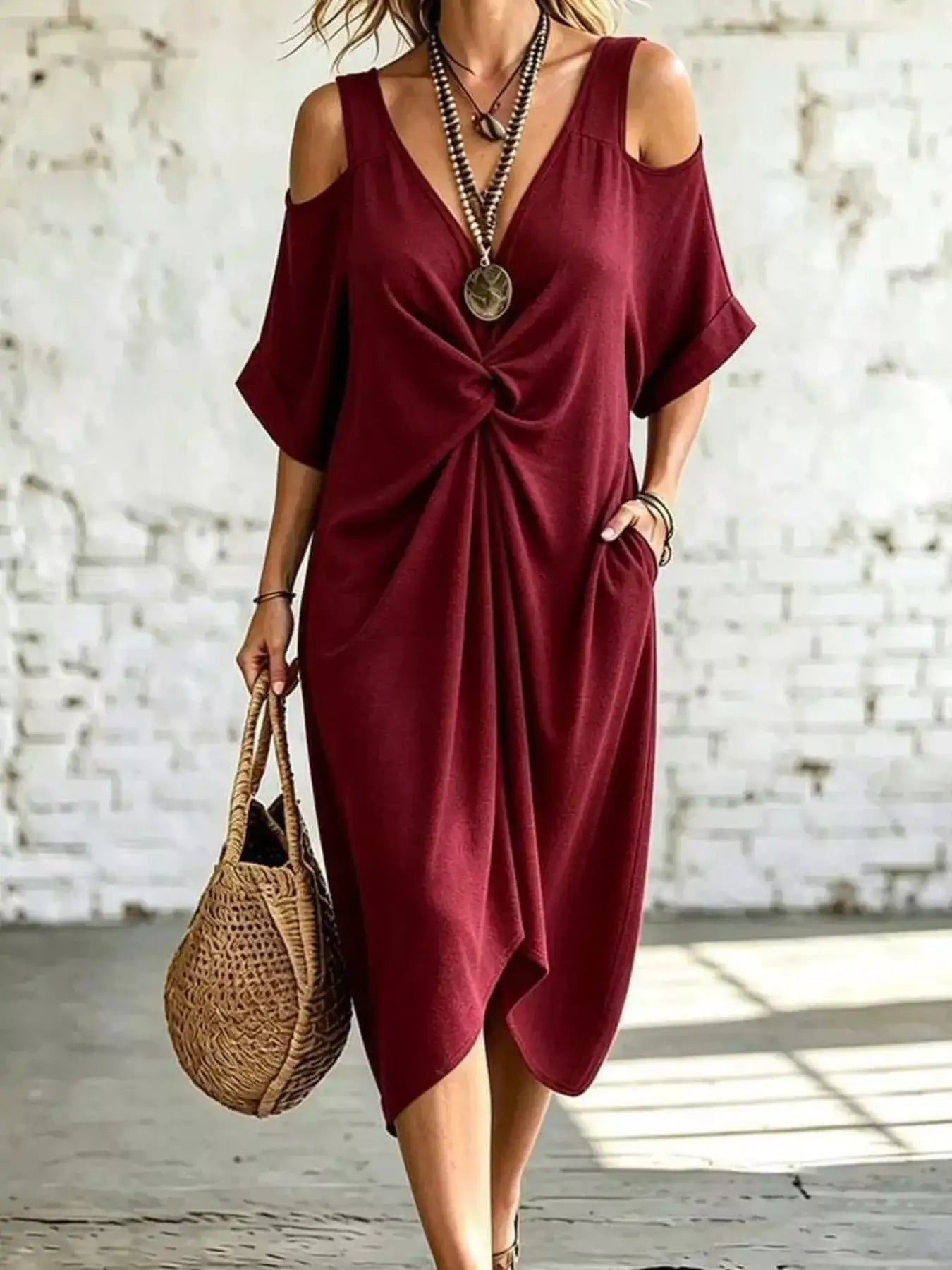 Cold Shoulder Twist Front Midi Dress – Back View