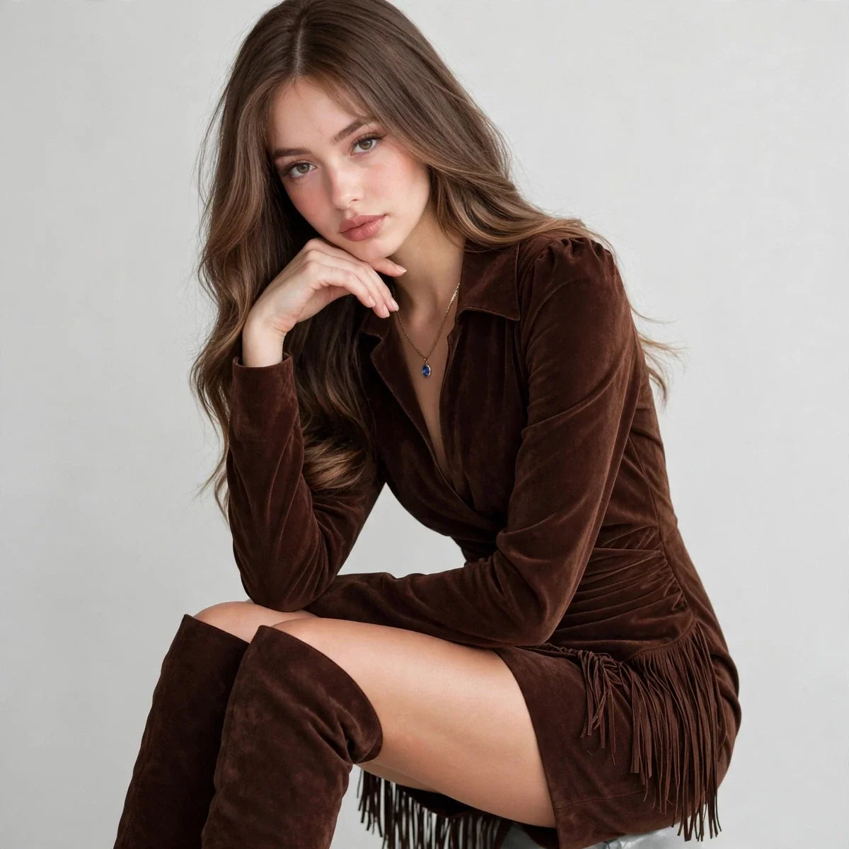 Woman seated with chin resting on hand in a dark brown fringe mini dress and brown over-the-knee boots, gray studio.