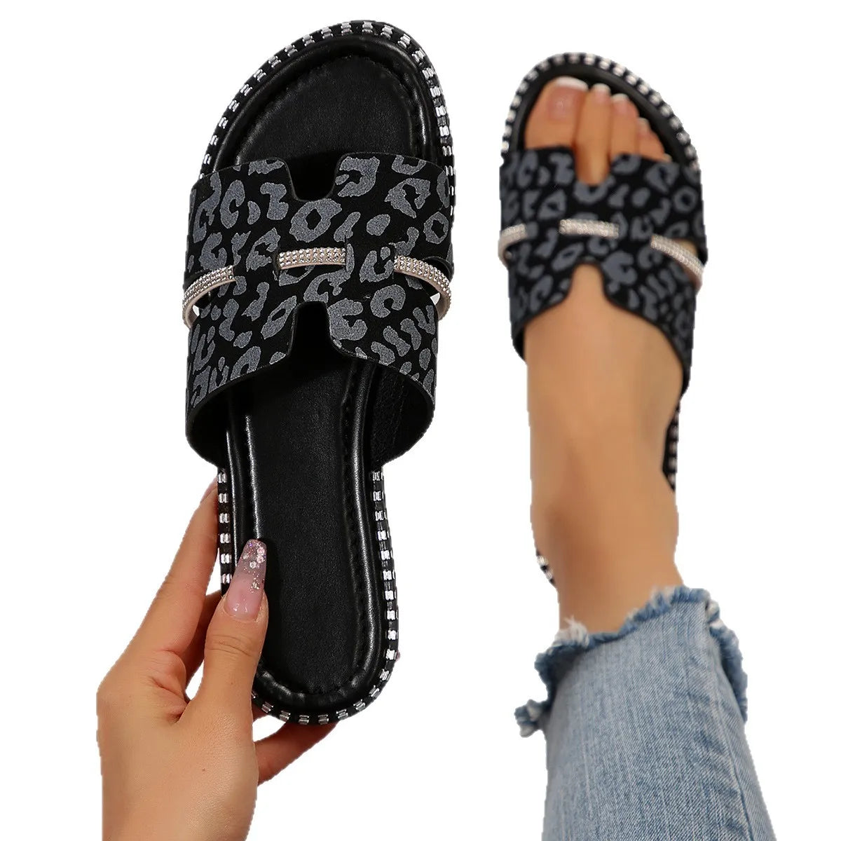 Open Toe Leopard Studded Flat Sandals – Side View | Celina Studio