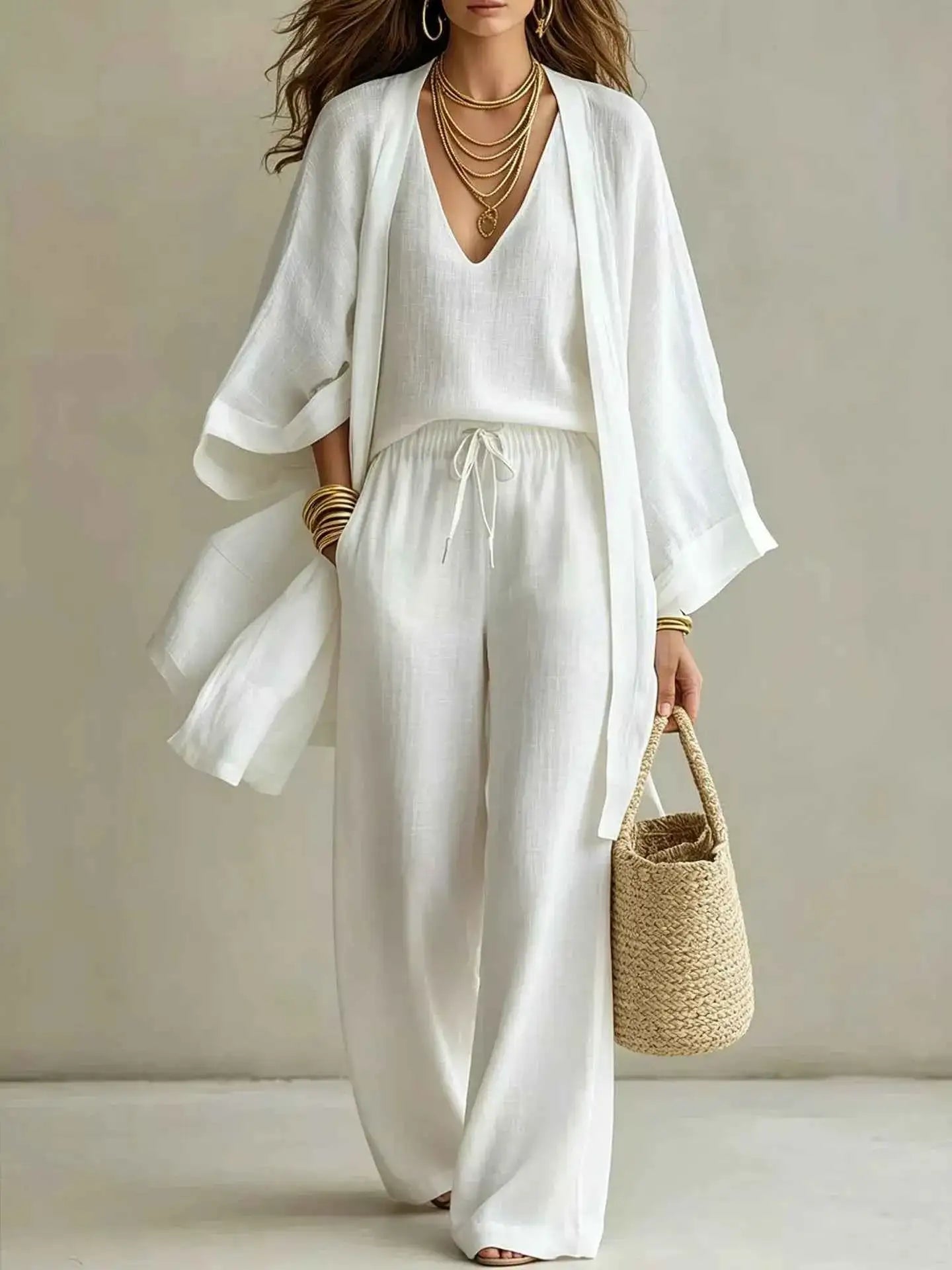 V-Neck Top & Cardigan & Pants Three-Piece Set