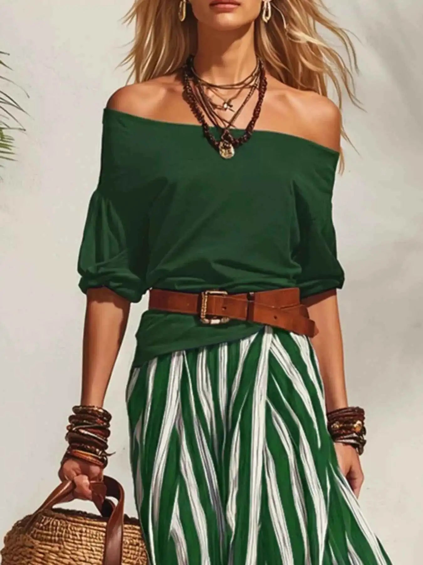 Off Shoulder Top and Striped Maxi Skirt Set with Belt