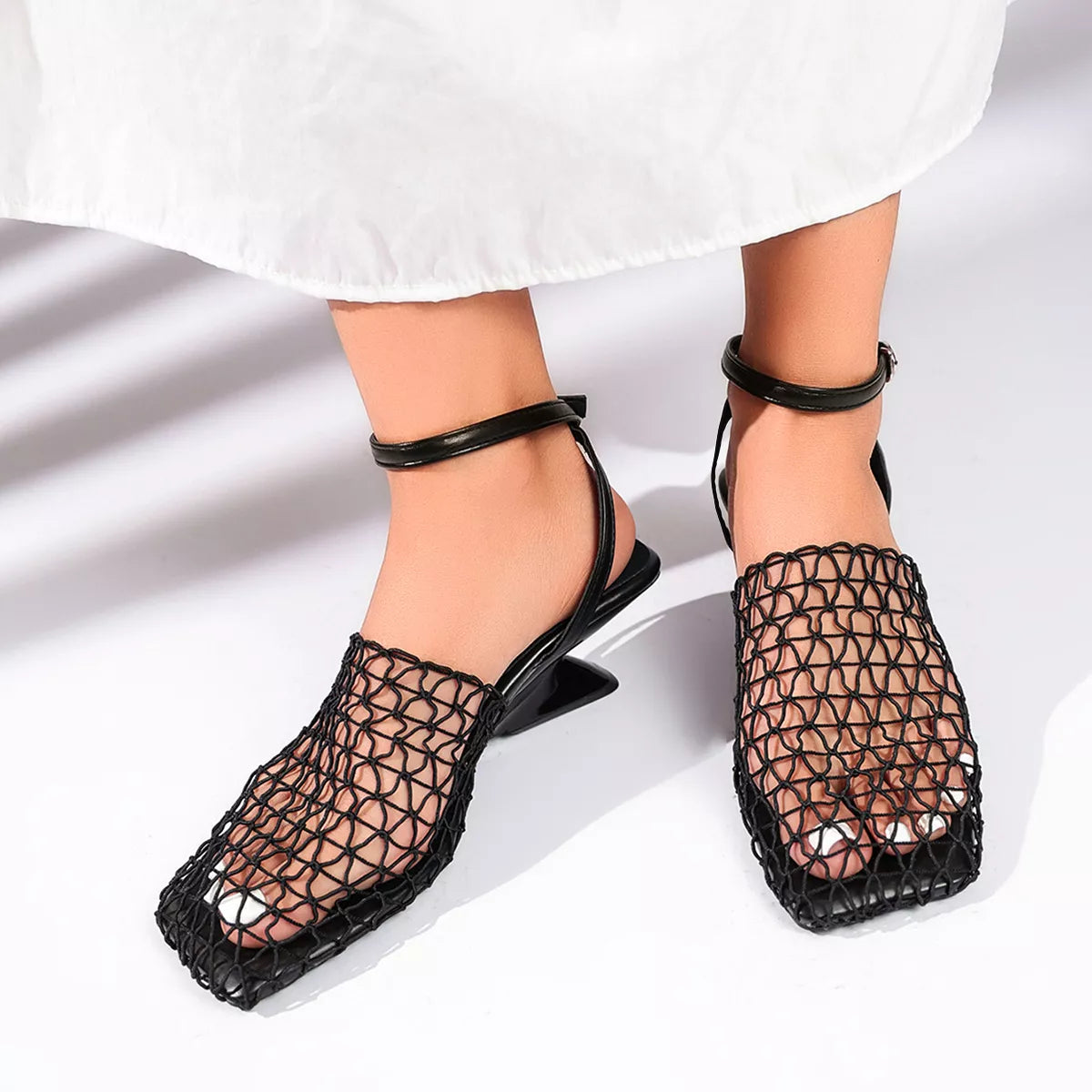 Mesh Ankle-Strap High-Heel Sandals – Front View | Celina Studio