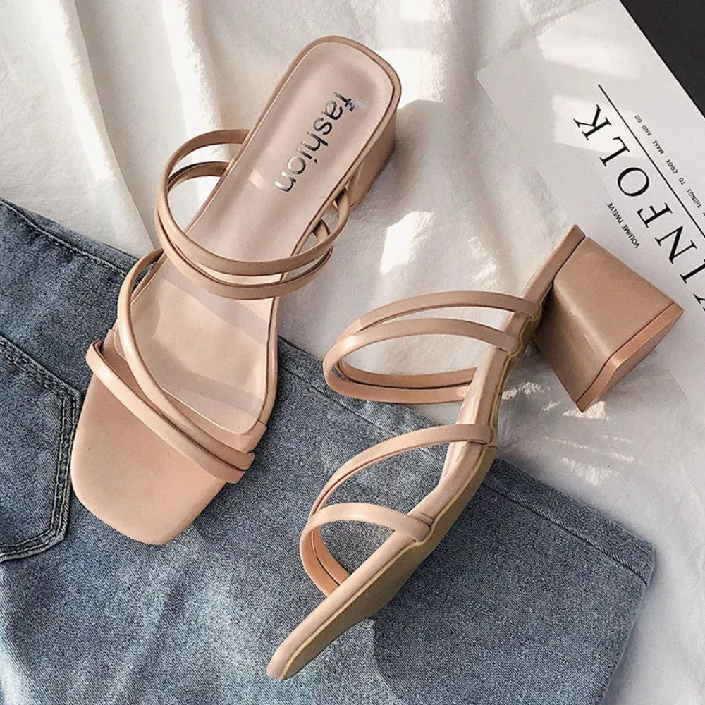 Open-Toe Low Block-Heel Sandals – Front View | Celina Studio