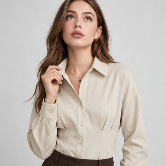 Close-up of a woman in a cream ruched button-up peplum shirt with collar, worn with brown trousers, gray studio backdrop.