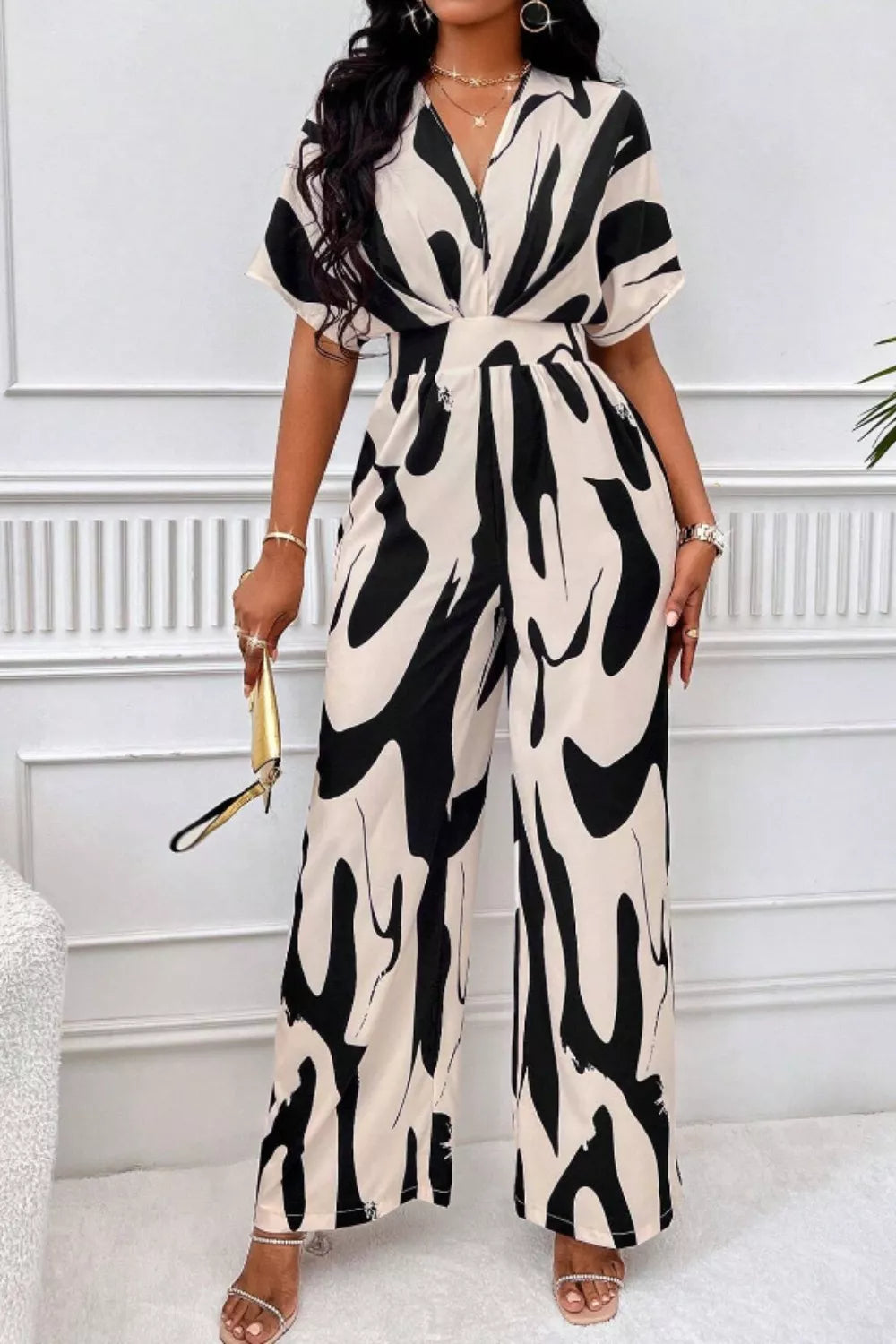 Printed V-Neck Short Sleeve Wide Leg Jumpsuit – Front View | Celina Studio