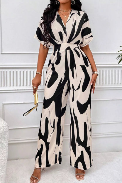 Printed V-Neck Short Sleeve Wide Leg Jumpsuit – Front View | Celina Studio
