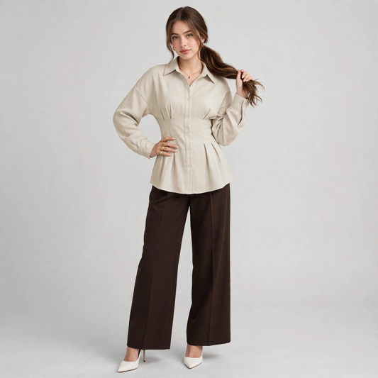 Full-length view of a woman with hand in hair in a cream ruched peplum shirt and brown wide-leg trousers with white heels.