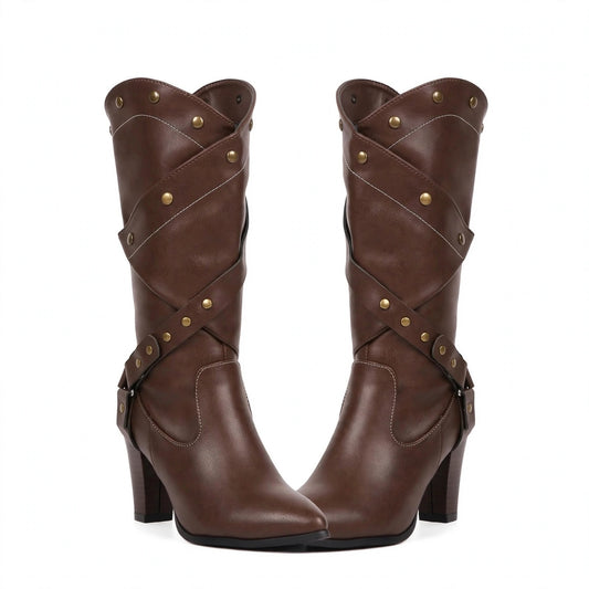 Riveted Criss-Cross Strap High-Heel Boots, front view