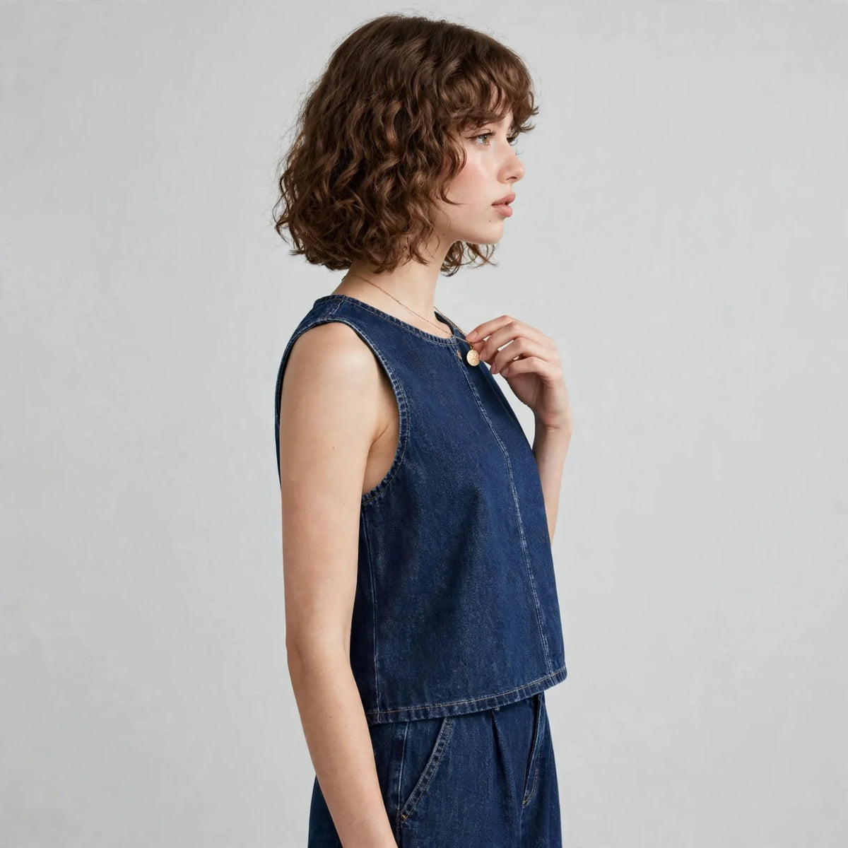 Dark Blue Denim tank and pants set on model, styled studio pose