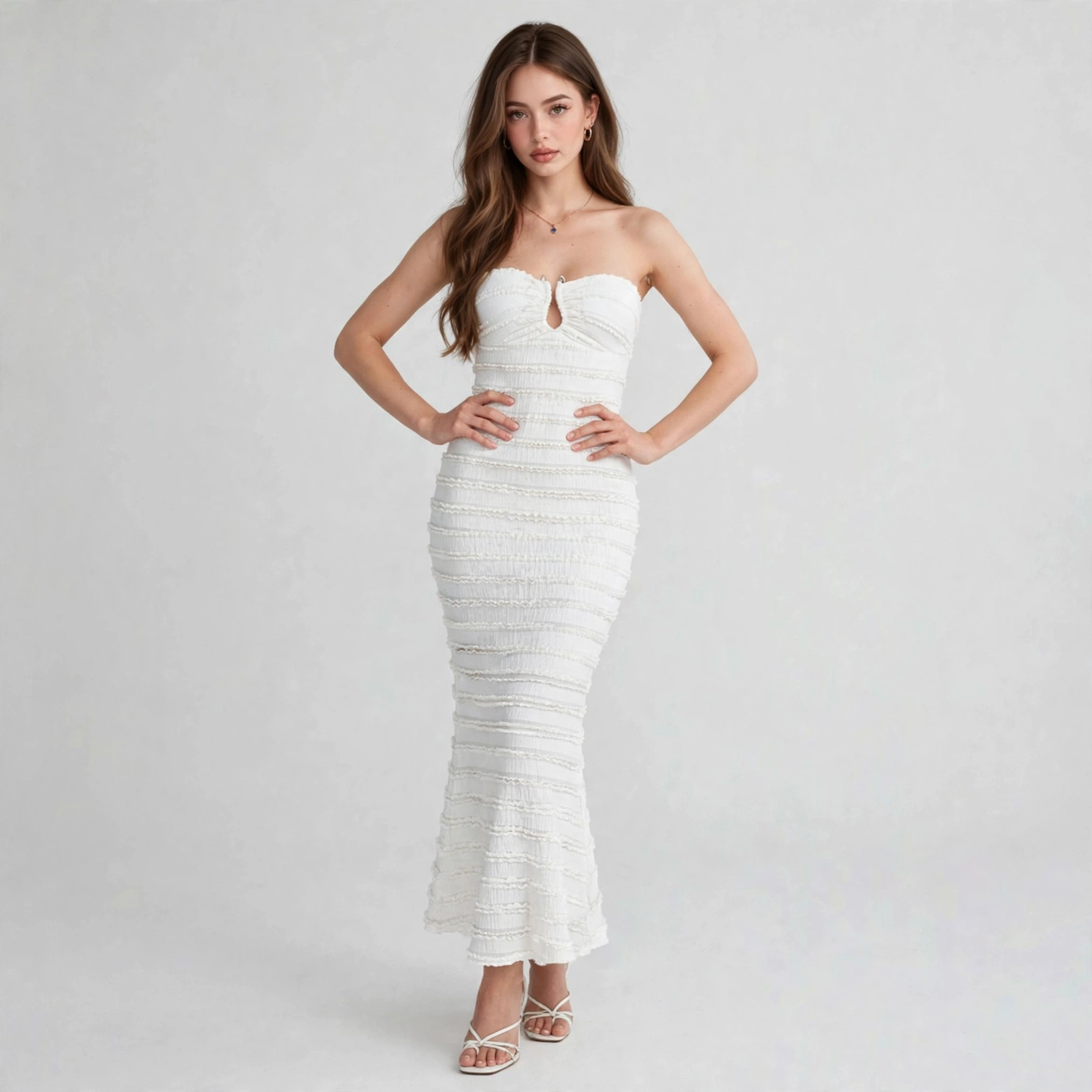 Woman modeling a strapless white textured maxi dress with ruched bodice, sweetheart neckline and keyhole cutout at bust.