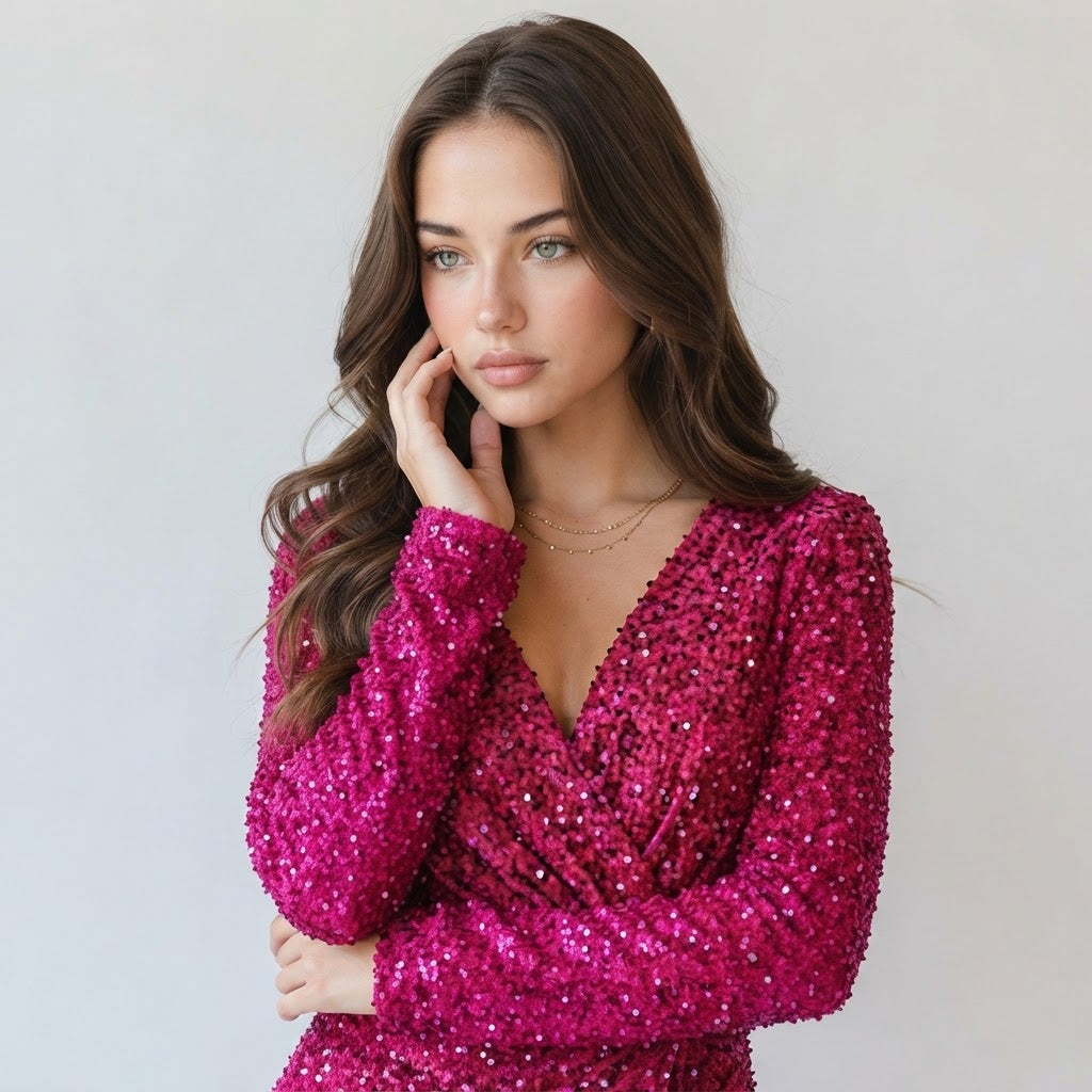 Sequin Surplice Long Sleeve Mini Dress – Sequin Detail Close-Up