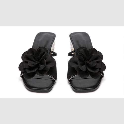Women's Black Open-Toe Low Block Heel Sandals