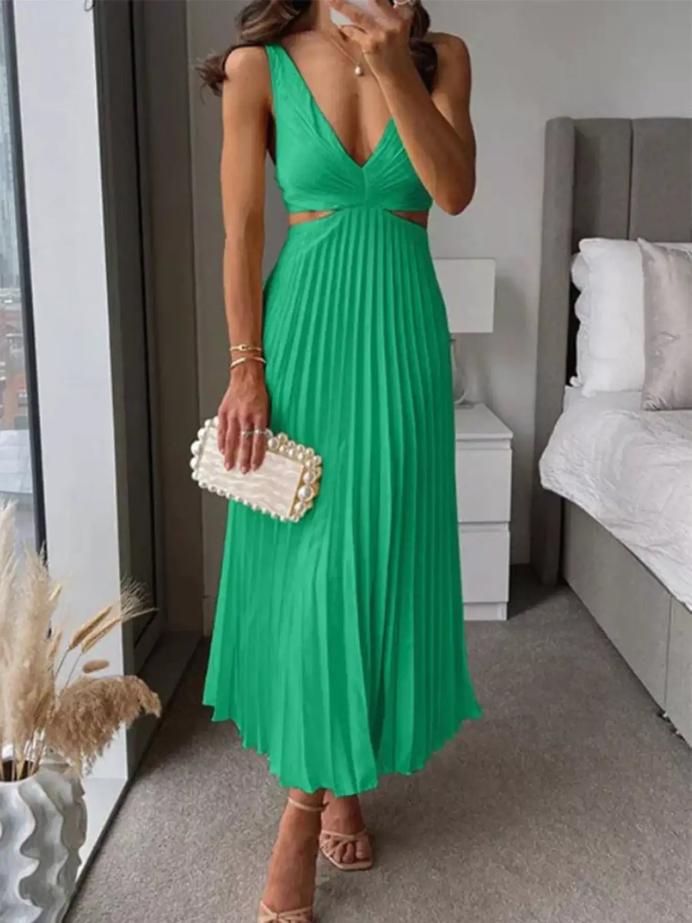 Pleated Midi Dress with Cut-out Details – Pleated Fabric Detail