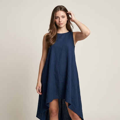 High-Low Sleeveless Dress with Round Neckline
