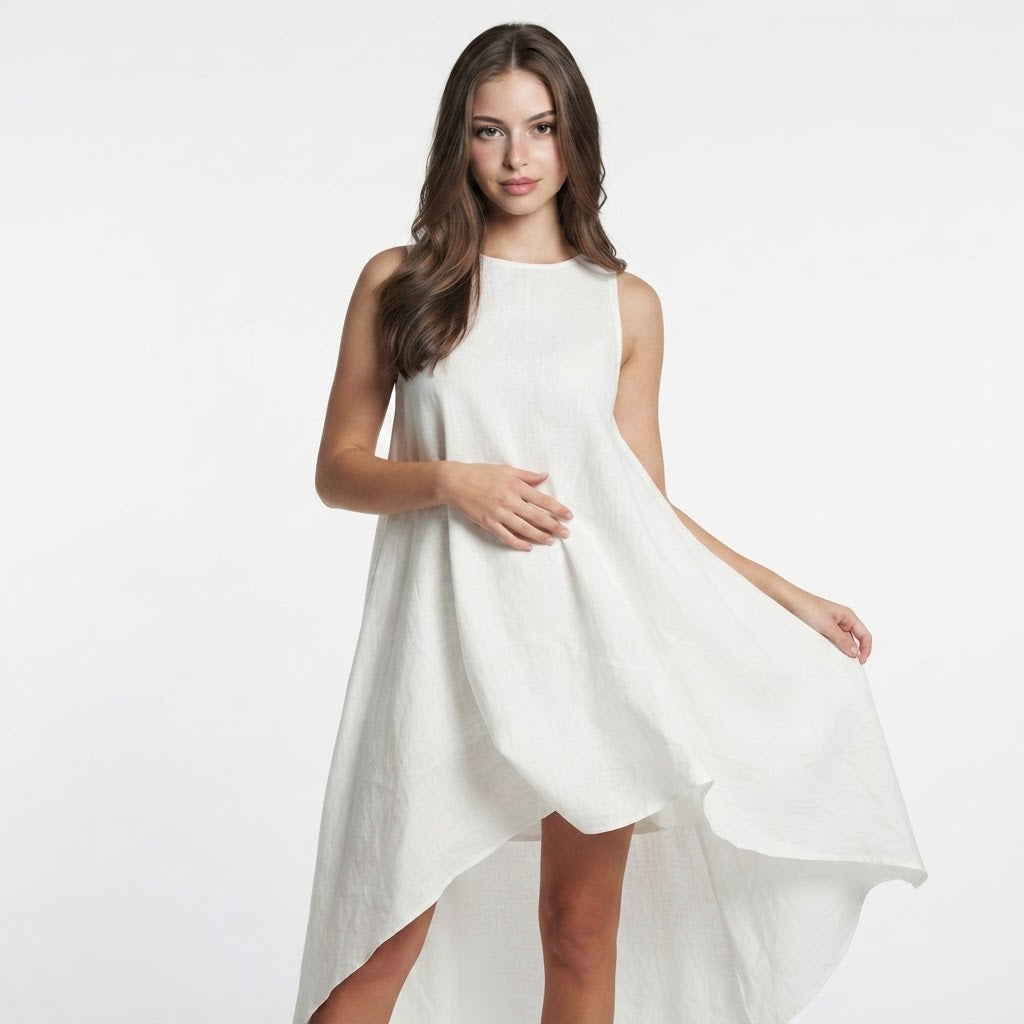 High-Low Sleeveless Dress with Round Neckline