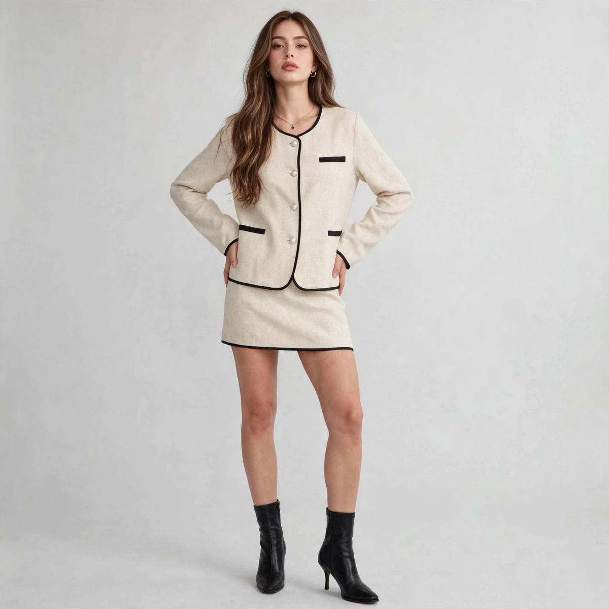 Front view of a cream contrast-trim two-piece set, piped collarless top, flap pockets, mini skirt, hands on hips.