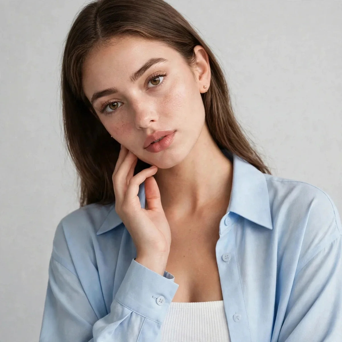 Close-up of a woman wearing a light blue button-up shirt over a white top, hand near chin, against a gray background.