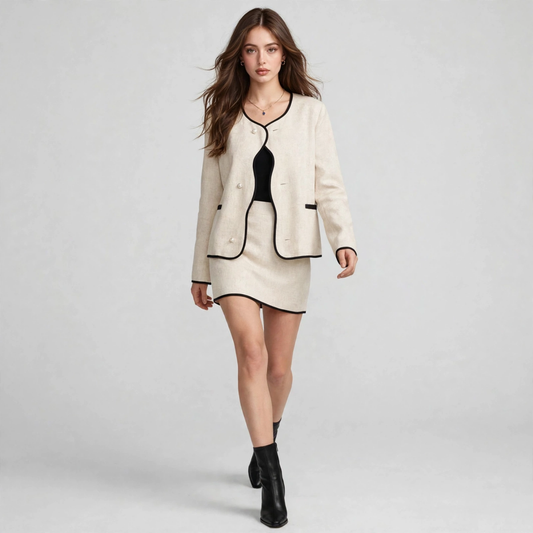 Walking in a cream contrast-trim top and mini skirt set with black piping and flap pockets, black boots, white backdrop.