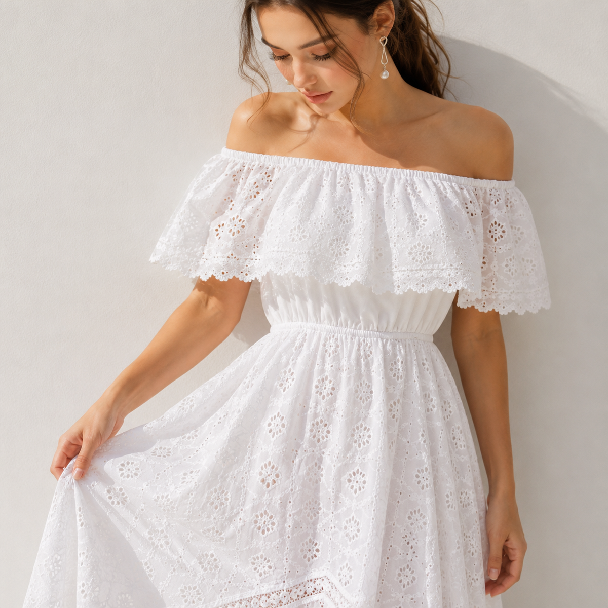 Off Shoulder Eyelet Lace Maxi Dress – Full Length View | Celina Studio