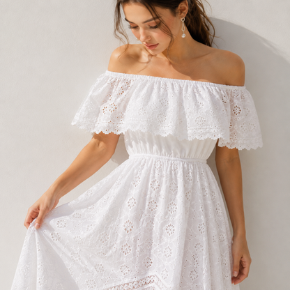 Off Shoulder Eyelet Lace Maxi Dress – Full Length View | Celina Studio