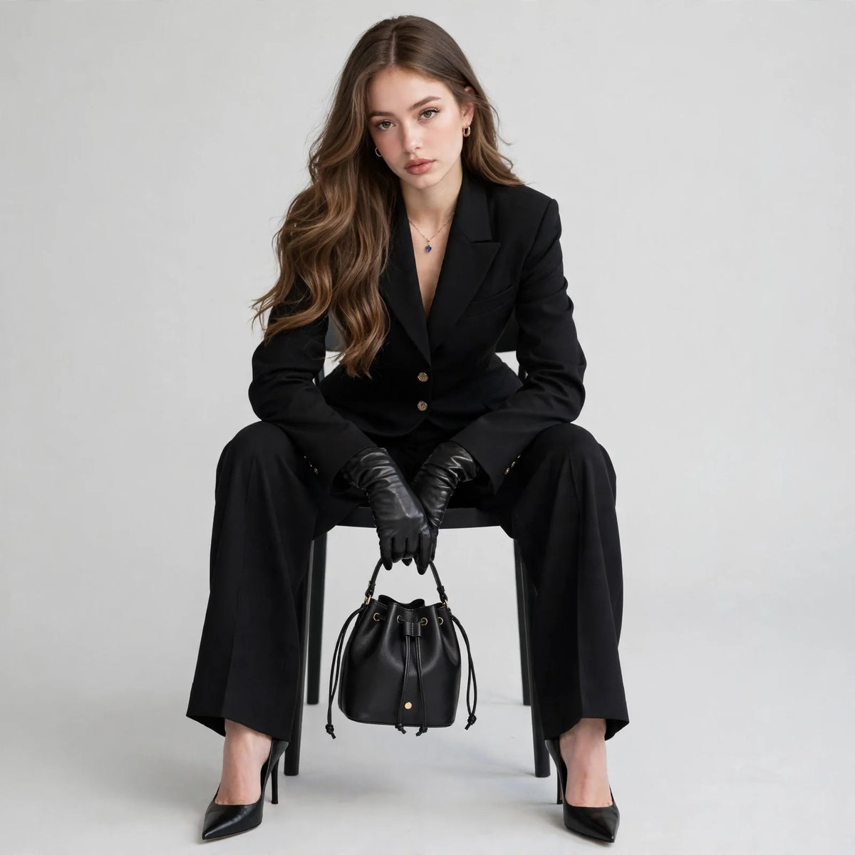 Woman seated on a stool in a black tailored blazer and wide-leg trousers with black gloves, heels, and a black bucket bag.